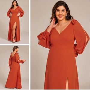Elegant Burnt Orange V-Neck Maxi Dress with Bishop Sleeves